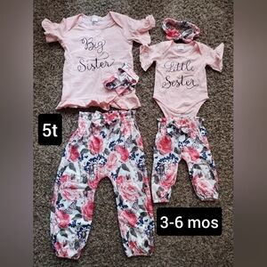 Matching 'Big Sister' & 'Little Sister' Pink Floral Sibling Outfit Set